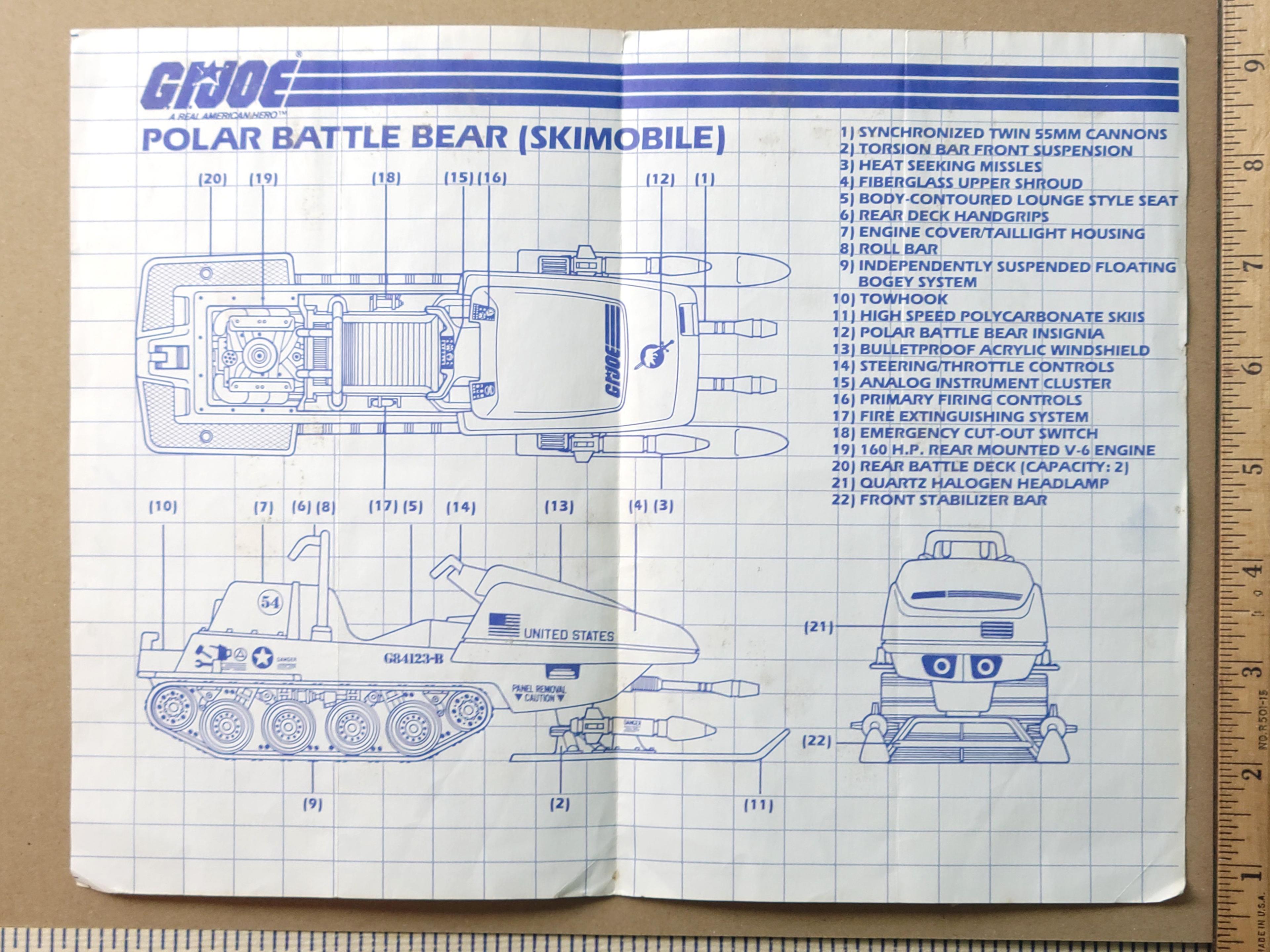 GI Joe Polar Battle Bear SkiMobile Vehicle Toy Vintage Hasbro Blueprints/Instructions