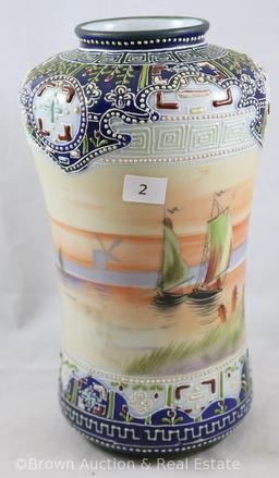 Mrkd. Nippon 8.5" scenic vase, sail boats/wind mill scene, cobalt color at top and base with nice