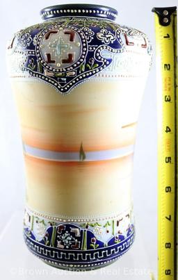 Mrkd. Nippon 8.5" scenic vase, sail boats/wind mill scene, cobalt color at top and base with nice