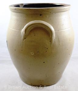 Stoneware 10"h crock, dbl. moldled handles, blue tulip d?cor (few chips)