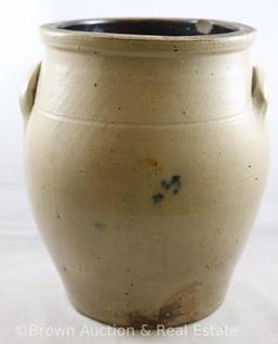 Stoneware 10"h crock, dbl. moldled handles, blue tulip d?cor (few chips)