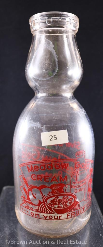 (2) Quart size milk bottles: Meadow Gold Cream; Jayhawk Grade-A-Creamery - Good decals