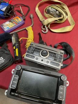 Assorted car items, radios, jumper cables, straps, etc. 12 pieces