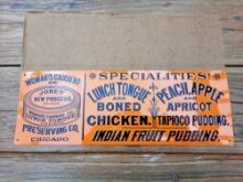 Old NOS New Old Stock Lunch Tongue Indian Fruit Pudding Tin Metal Embossed Sign Chicago Canning Sign