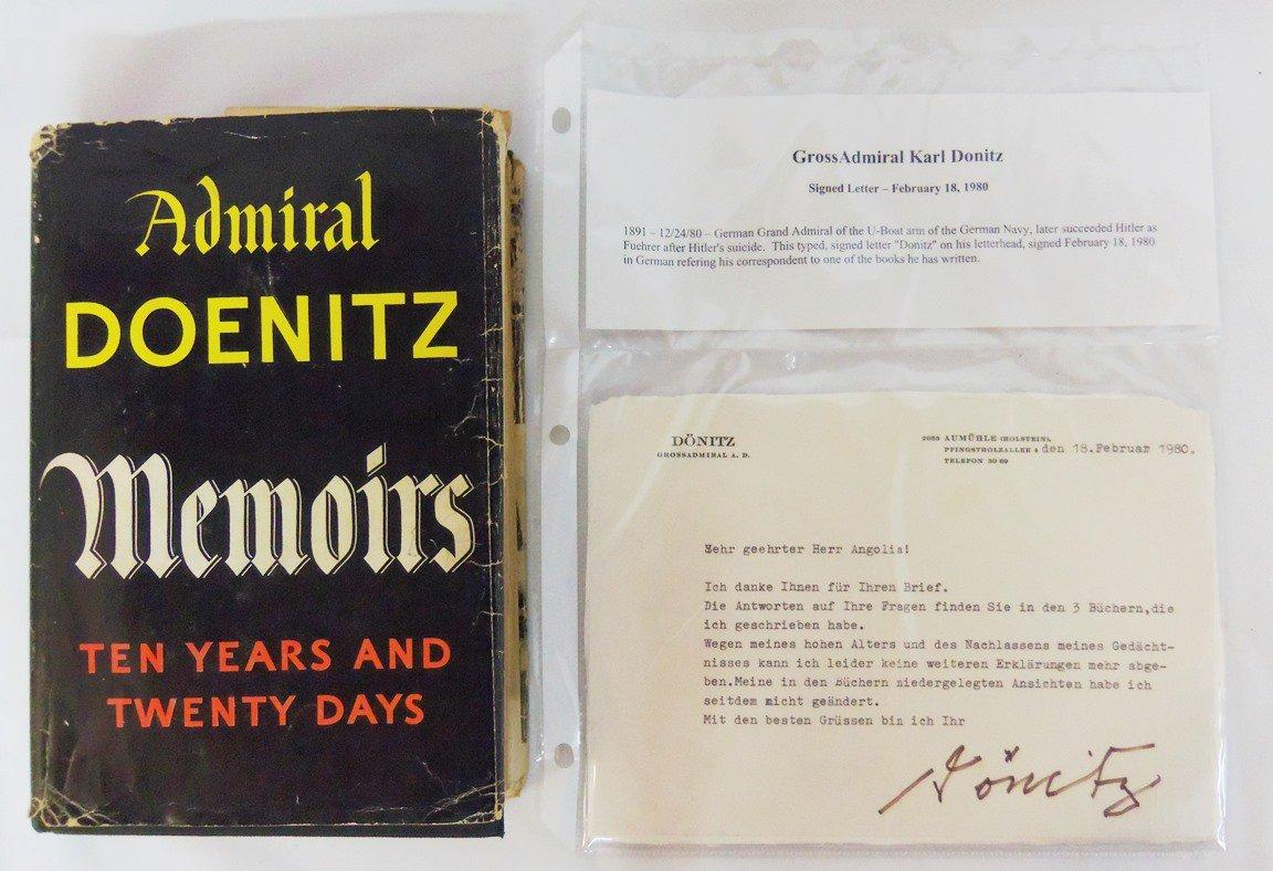 1st Edition Hard Back "Memoirs" By Admiral Doenitz With Original Signed Letter Dated 1980