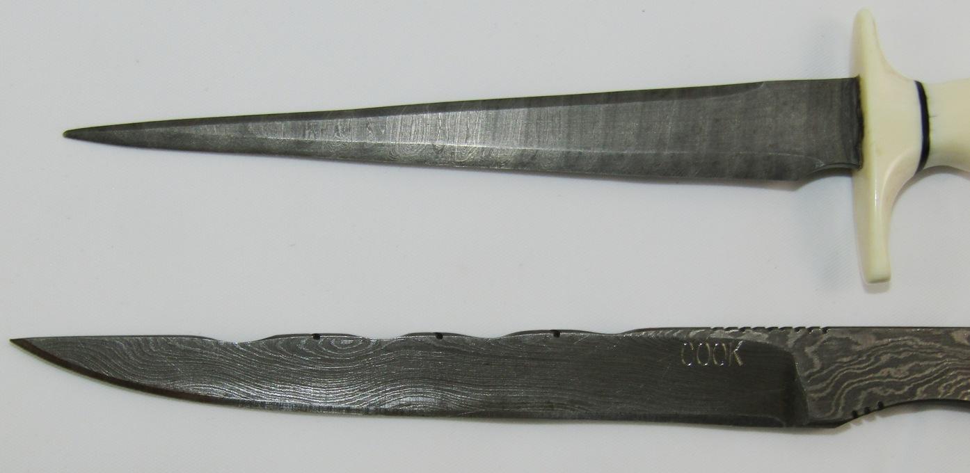 2pcs-Miniature Damascus Knives-One Is Maker Marked COOK