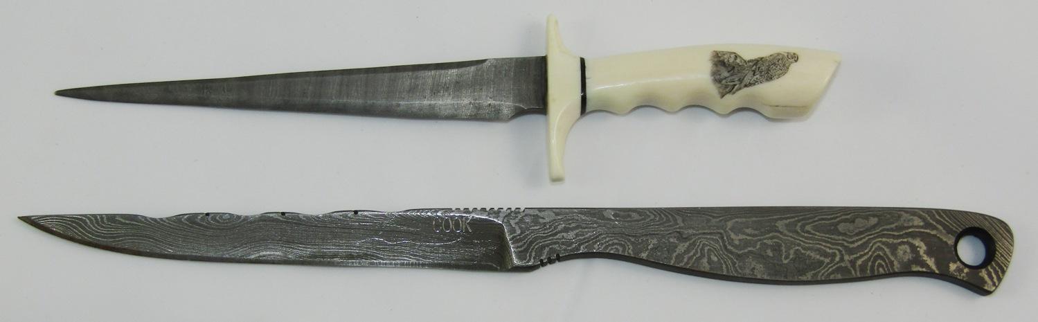2pcs-Miniature Damascus Knives-One Is Maker Marked COOK