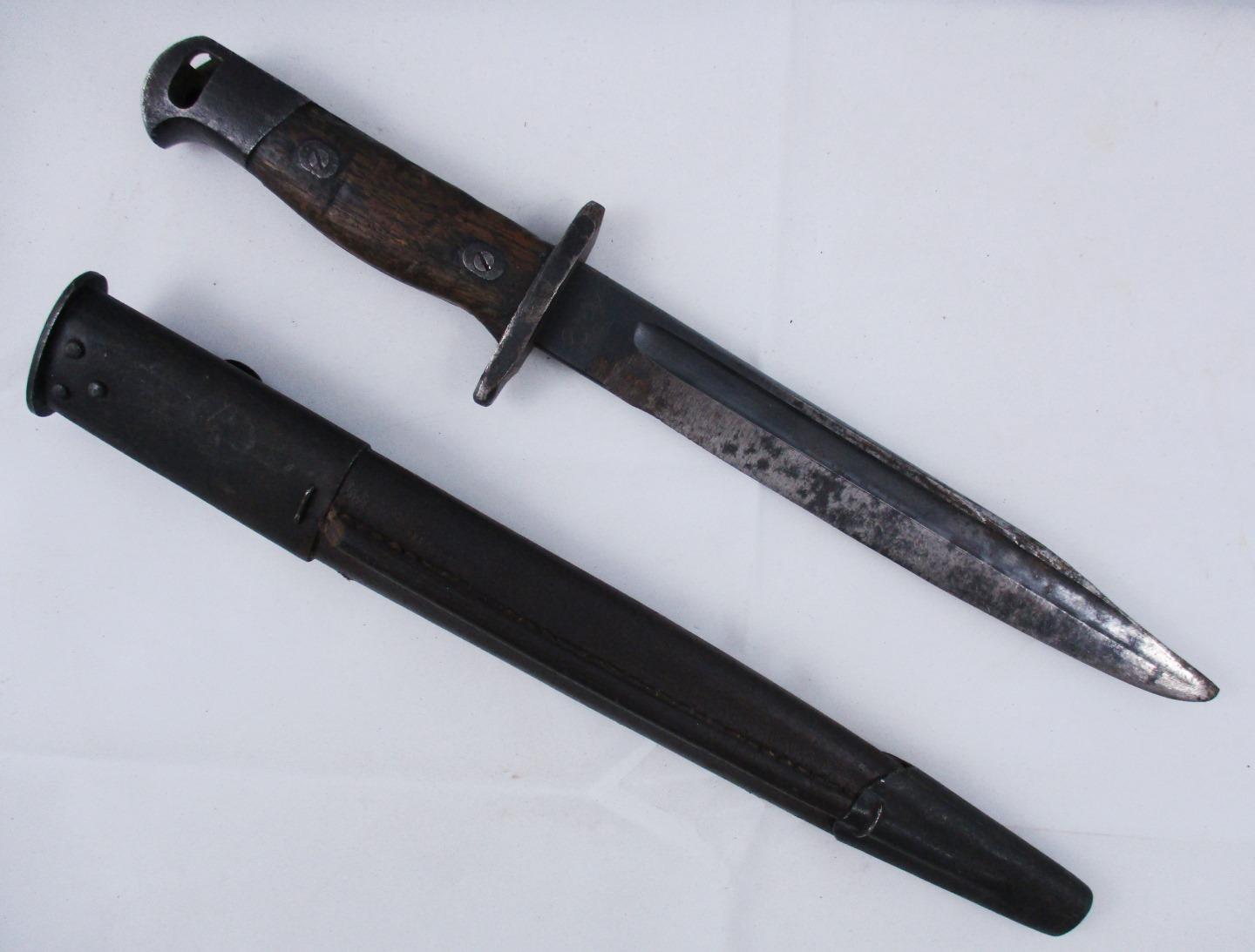 WWII Japanese Bayonet Cut Down Into 8" Blade Fighting Knife w/British Leather Scabbard
