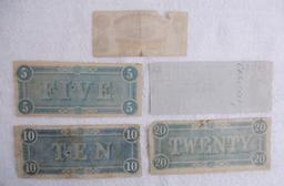 5 pcs. Civil War Confederate Currency