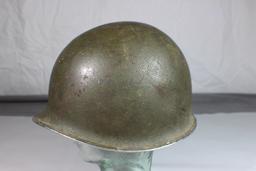 US WW2 Front Seam Fixed Bale M1 Helmet W/ Liner. Some Damage.