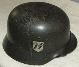 WW2 Double Decal Waffen SS M35 Helmet With Chin Strap/Liner-Named! Q66-Combat Worn Example