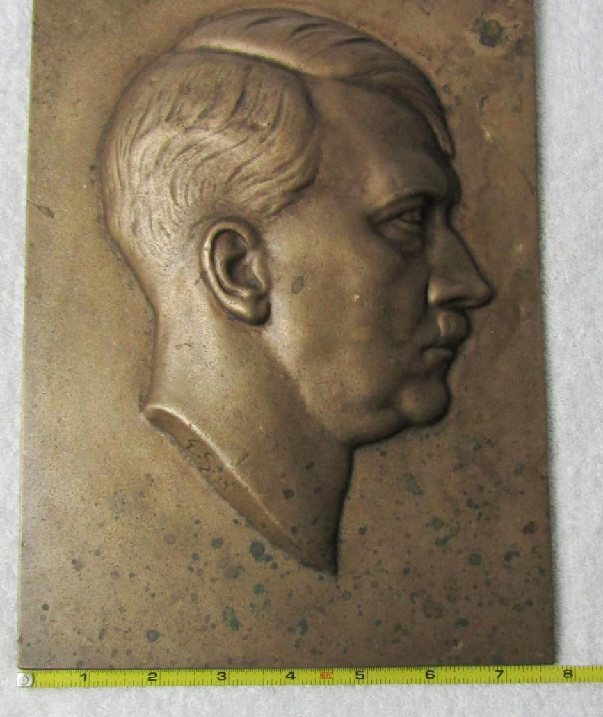 Rare Early 3rd Reich Bronze Hitler Head Side Profile Plaque Device-Dated 1934