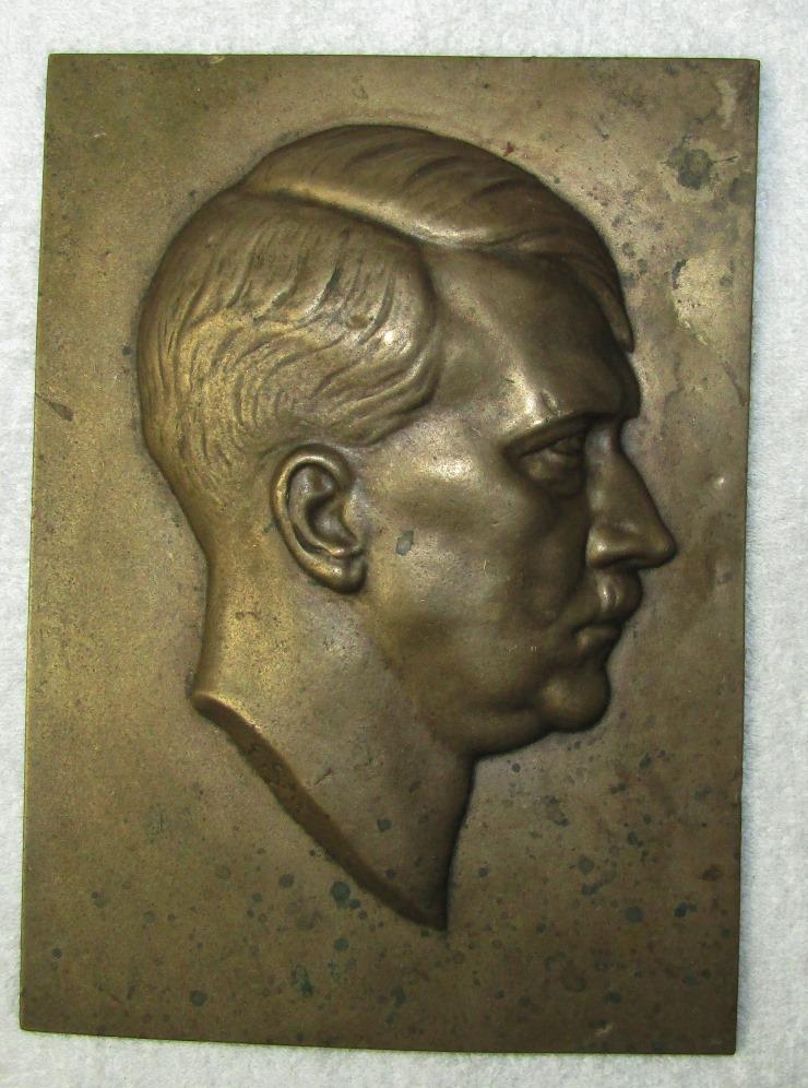 Rare Early 3rd Reich Bronze Hitler Head Side Profile Plaque Device-Dated 1934
