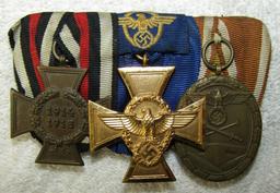 3 Place parade Mount Medal Bar-WW1 Honor Medal-Nazi Police 25yr Service Medal-West Wall Medal