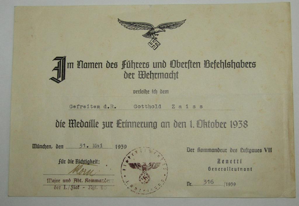 Luftwaffe Soldier Parade Mount Czech Annex Medal With Award Document/Prague Bar "L/12"