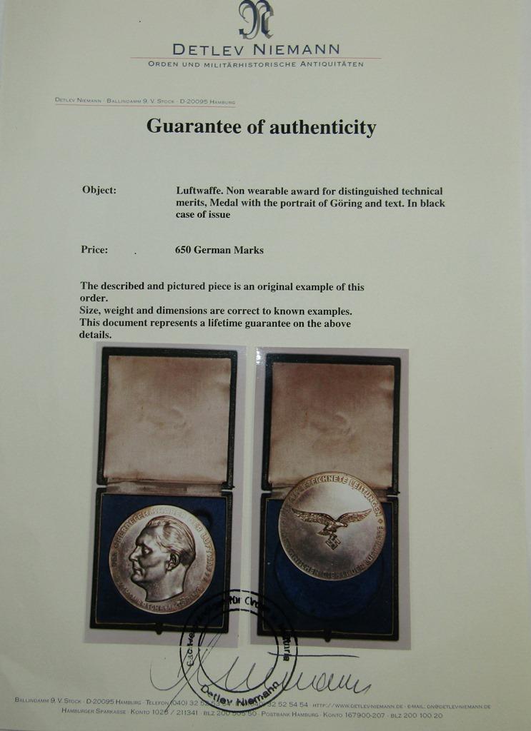 Scarce Luftwaffe Distinguished Technical Merit Award Medallion With Issue Case-COA By D. Niemann