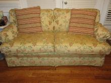 Classic Rolled Arm Sofa Couch Damask Upholstery Floral & Fruit Pleated Skirt & 2 Accent Pillows