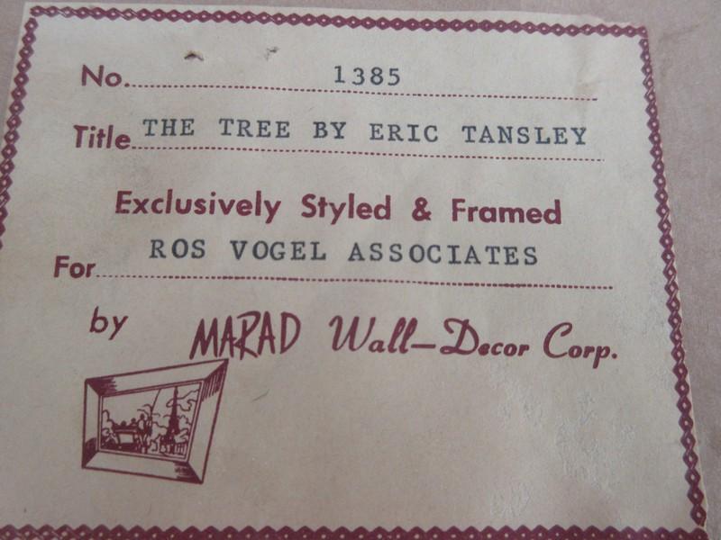 Titled "The Tree" Vintage Art Print on Board for Eric Tansley by Marad, Wall D‚cor in 2 Tone