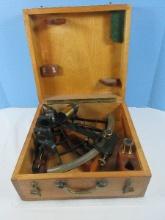 Antique Maritime Sextant Instrumentation in Original Wood Box Chest Case