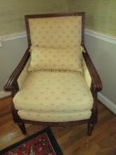 Havertys Furniture French Inspired Louis XVI Style Bergere Arm Chair Mahogany Carved Trim