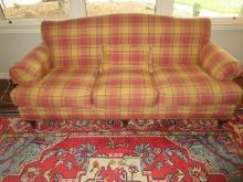 Havertys Furniture Stately French Country Sofa Mauve/Tan Plaid Upholstery Arched Back Rolled