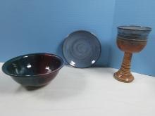 3pcs Artisan Pottery 7" Chalice Goblet w/Matching 6" Coupe Plate, Cody Clay Works 6 3/4" Bowl