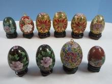 Collection 10 Cloisonne Eggs Poinsettia Peony Flowers & Other Collectibles w/Stands- 2 Are