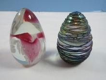 2 Art Glass Collector Egg Paperweights Iridescent w/layered thread Design Signed & Dated '88