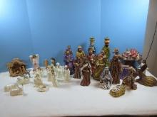 Lot Nativity Sets & Other Figurines Carved Olive Wood Creche, 2 Ceramic Wise Men Candlesticks