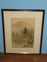 Pavilion Landscape Scene Mountain Background Original Chinese Artwork on Silk Signed w/