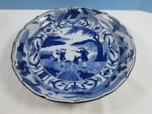 Andrea by Sadek Semi Porcelain 12 1/4" Round Shallow Bowl Cobalt Blue/White Figures &