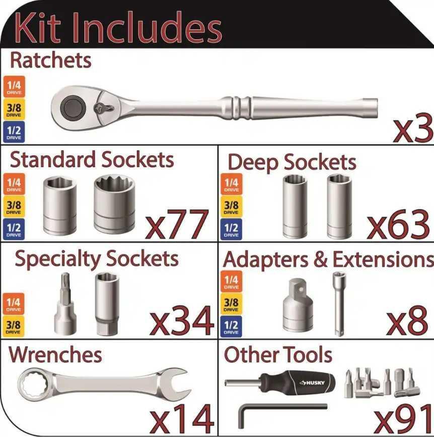 Husky Mechanics Tool Set in EVA Trays (290-Piece), Includes 174-sockets, 24-wrenches, 40-hex keys,