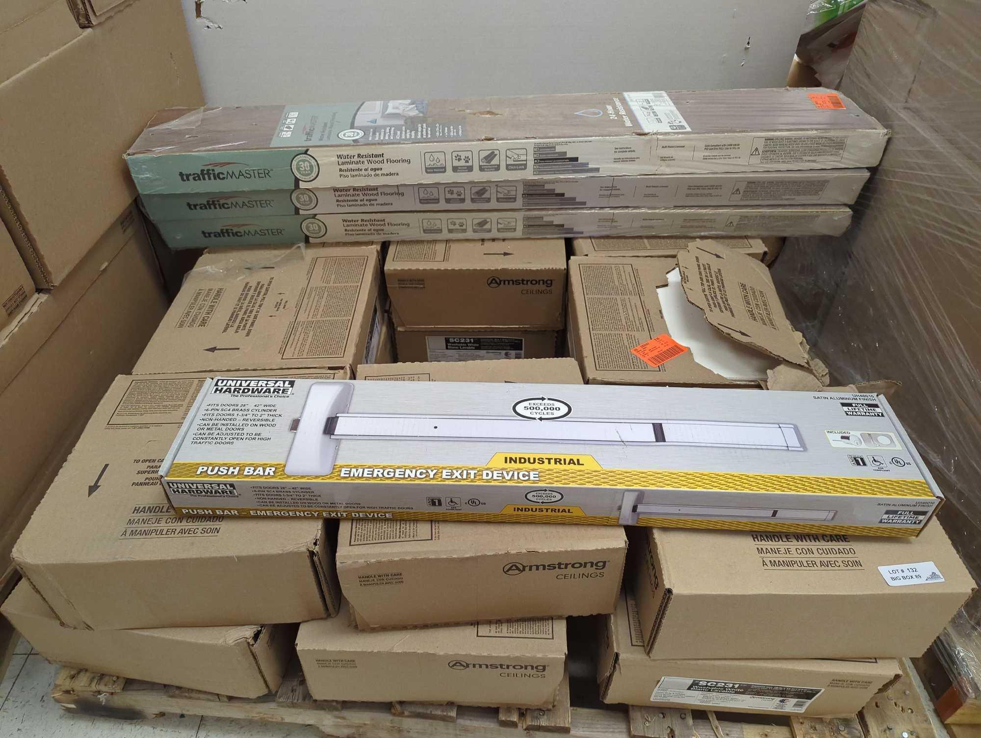 Pallet Lot of Assorted Items to Include, Universal Hardware Push Bar Emergency Exit Device,