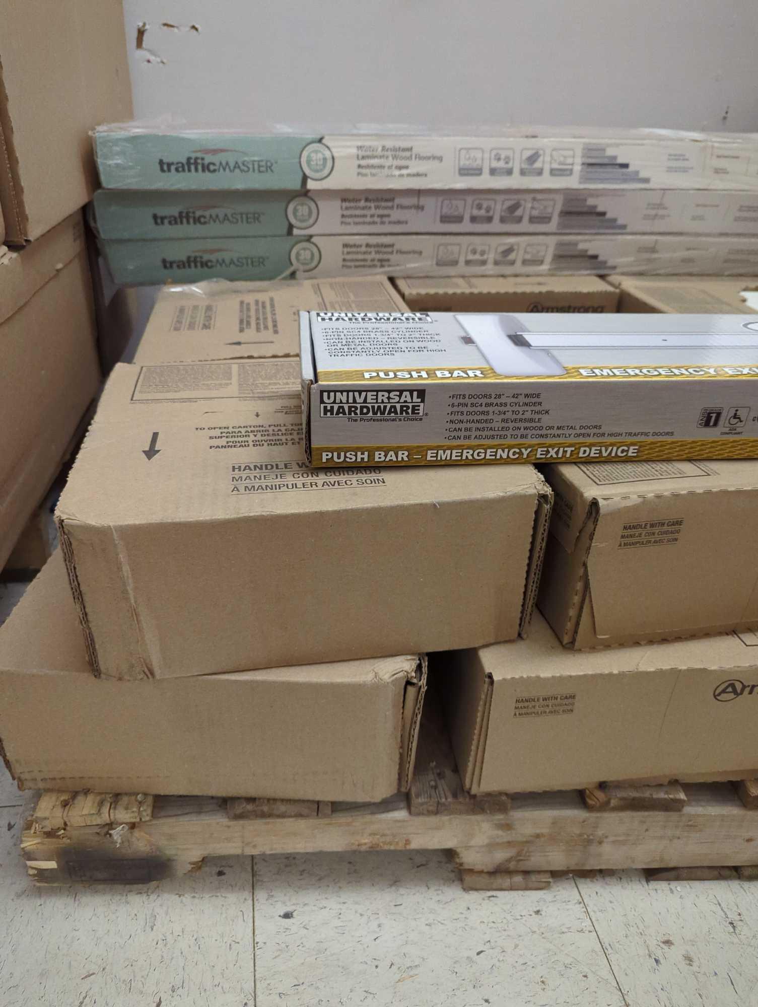 Pallet Lot of Assorted Items to Include, Universal Hardware Push Bar Emergency Exit Device,