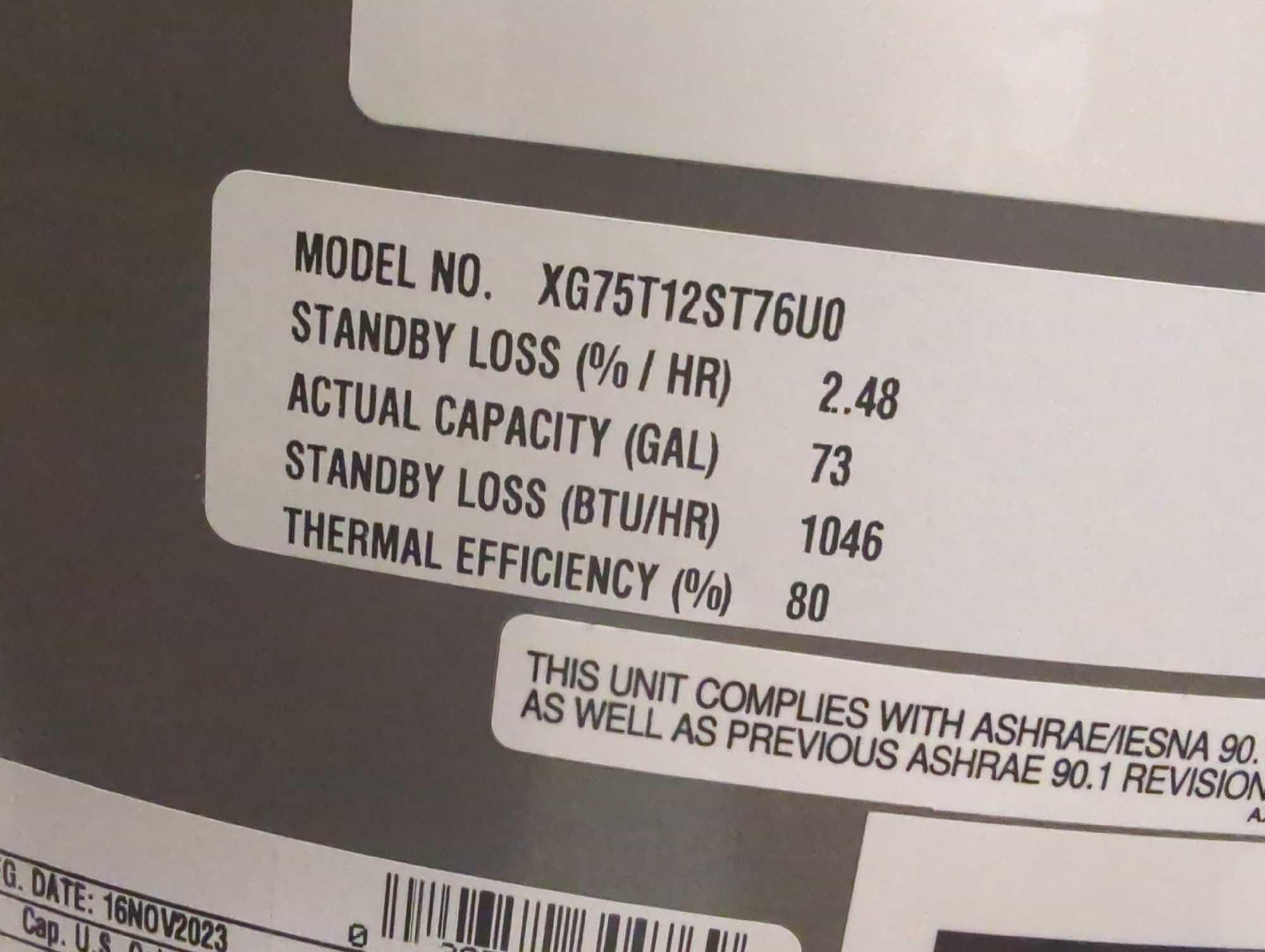 Rheem (Dented) Performance Platinum 75 Gal. Tall 12 Year 76,000 BTU Natural Gas Tank Water Heater,