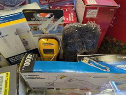 Box lot of assorted items including 355 ft. Landscape extension, cords, work gloves, incandescent