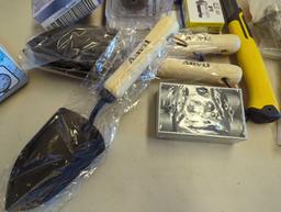 Box lot of assorted items including anvil hand trowel, basis designs form, tissue holder,