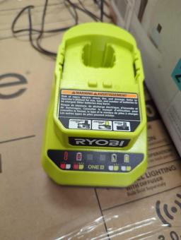 Partial Shelf Mystery Lot of Assorted Items to Include, RYOBI PCG002 Battery Charger, Everbilt Flex