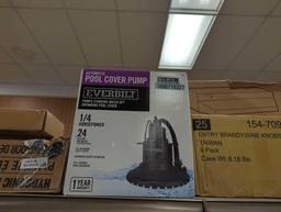 Partial Shelf Mystery Lot of Assorted Items to Include, Everbilt Pool Cover Pump Automatic,