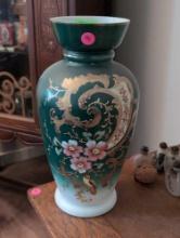 (LR) VINTAGE PAINTED MILK GLASS ORIENTAL DETAILED FLOWER VASE. FEATURING A MAIN GREEN COLOR WITH