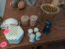 (LR) LOT OF MISC. TO INCLUDE (4) FRANKLIN PORCELAIN SEWING THIMBLES, SM. SILVERPLATE SWAN BELL,