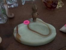 (LR) VINTAGE GREEN MARBLE ASHTRAY WITH A BRASS BABY FIGURAL. 4-3/4"W X 3-3/4"D X 2-3/4"T.