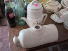 (LR) 2 PC. LOT LOVATTS LANGLEY POTTERY FOOT WARMER & A PRESTIGE POTTERY TEAPOT WITH INFUSER.