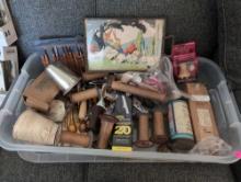 (LR) TUB LOT OF MISC. TO INCLUDE VINTAGE SPINDLES, WOOD CHISEL SETS, SMOKING BABY FIGURINE,