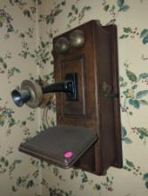 (DR) AMERICAN ELECTRIC TELEPHONE CO. OLD STYLE WALL PHONE, APPROXIMATE DIMENSIONS - 24" H X 13" W X