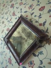 (FD)ANTIQUE MAHOGANY FRAMED WALL MIRROR, 2 COAT HOOKS, THE MIRROR HAS A NICE PATINA, 17 5/8"?