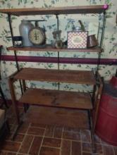 (KIT) ANTIQUE INDUSTRIAL METAMORPHIC BOOKSHELF / TABLE, IS IN GOOD CONDITION MEASURE APPROXIMATELY