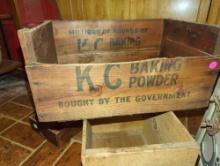 (KIT) LOT OF ASSORTED WOODEN CRATES TO INCLUDE, KC BAKING POWERED CRATE, WOODEN BOX AIR RIFLE SHOT