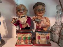 (BR2) LOT OF (2) VINTAGE ROSKO BATTERY OPERATED BARTENDER TIN/RUBBER TOYS. THEY MEASURE 12"T &