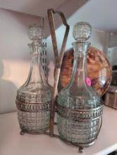 (BR2) VINTAGE FLORAL EMBOSSED & PIERCED GALLERY BOTTLE CADDY WITH TWO PRESSED GLASS LIQUOR